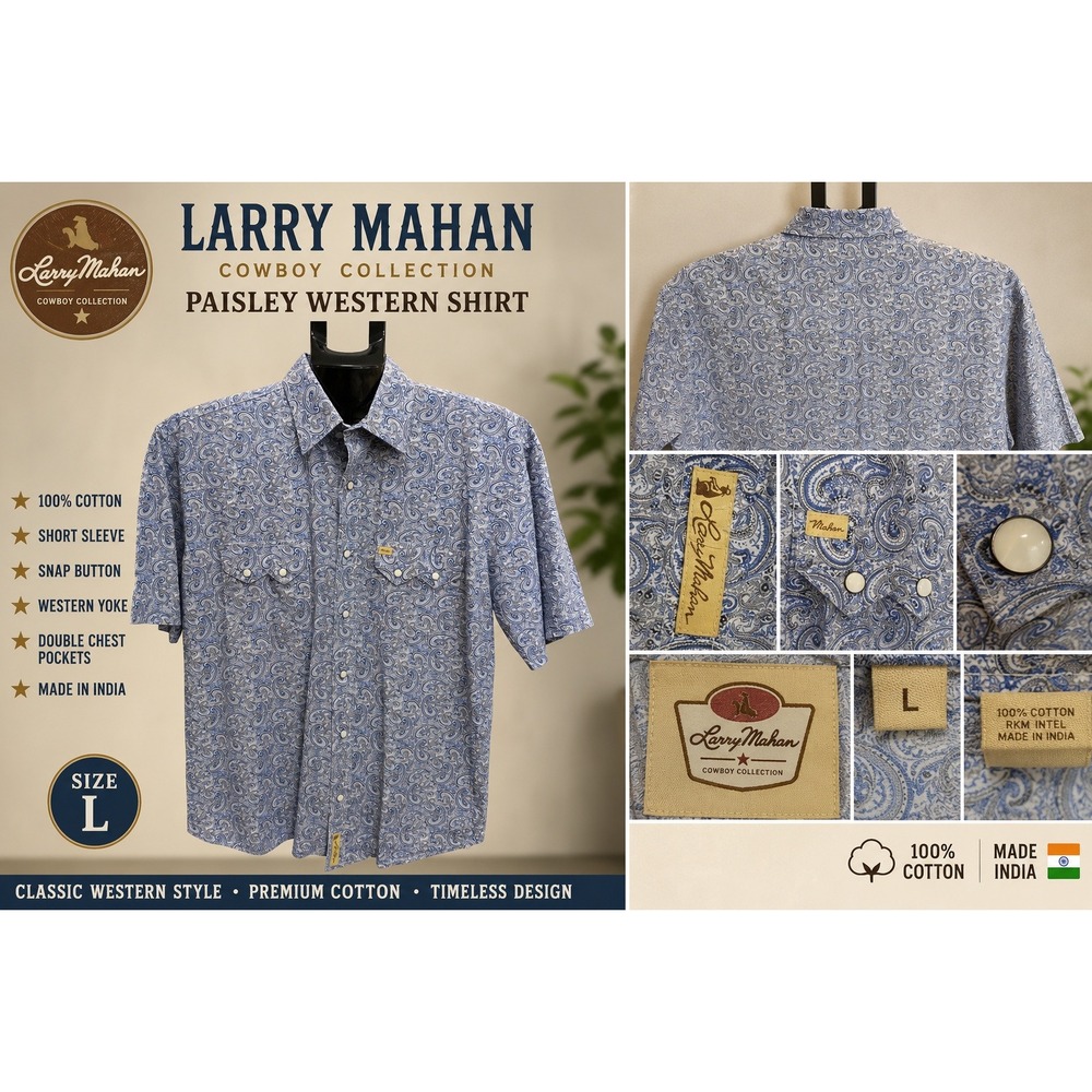 Larry Mahan Mens Blue Paisley Western Pearl Snap Shirt Short Sleeve Large Cotton